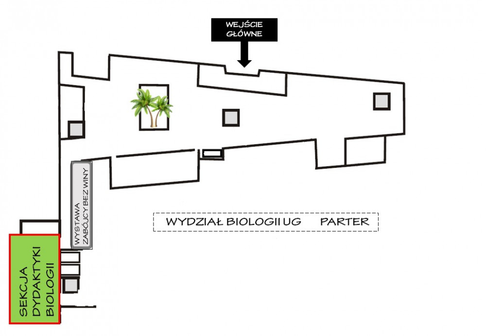 mapa parteru budynku Wydziału Biologii i zaznaczoną lokalizacją pomieszczeń Sekcji