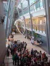 Uczestnicy „Nocy Biologów” w holu Wydziału Biologii UG pod szkieletem wieloryba