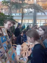 Prezentacja piór i fotografii ptaków na jednym ze stoisk edukacyjnych „Nocy Biologów” na UG